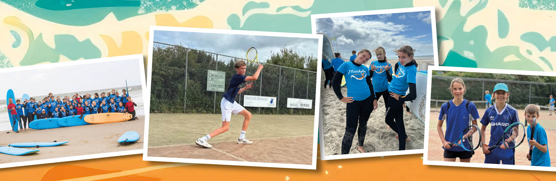 Deelnemers van het Matchplay Surfkamp met surfen tijdens een tennisles op de baan en surfles op het strand in Zeeland.